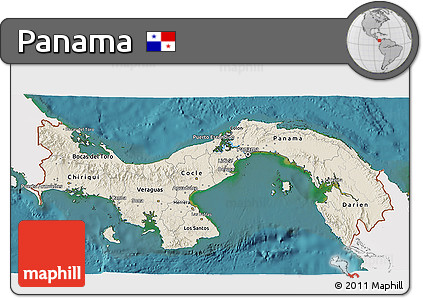Shaded Relief 3D Map of Panama, single color outside, satellite sea
