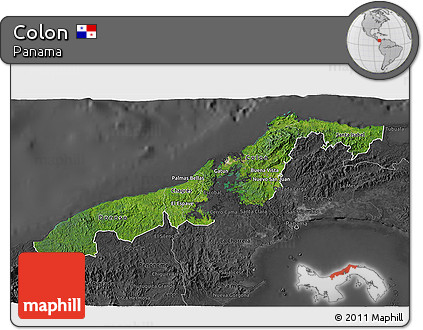 Satellite 3D Map of Colon, darken, desaturated