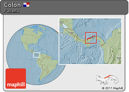 Savanna Style Location Map of Colon, within the entire country, hill shading
