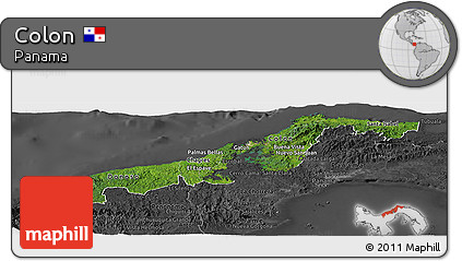 Satellite Panoramic Map of Colon, darken, desaturated