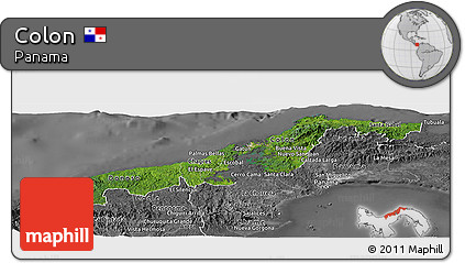 Satellite Panoramic Map of Colon, desaturated