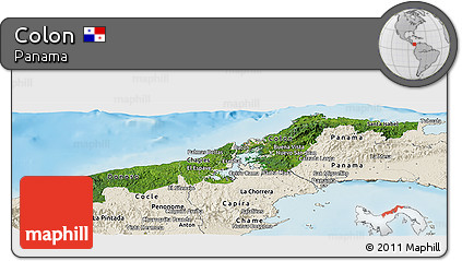 Satellite Panoramic Map of Colon, shaded relief outside