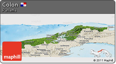 Satellite Panoramic Map of Colon, shaded relief outside