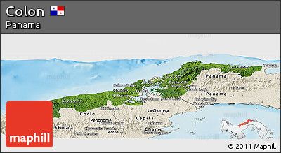 Satellite Panoramic Map of Colon, shaded relief outside