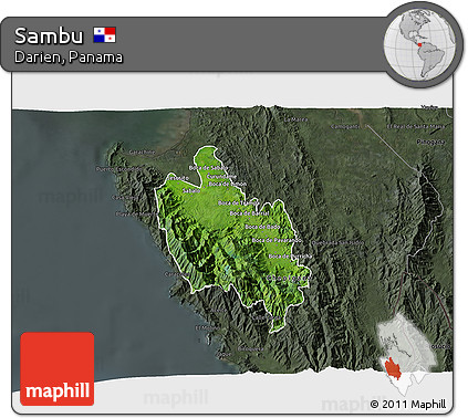 Satellite 3D Map of Sambu, darken, semi-desaturated