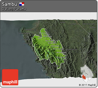 Satellite 3D Map of Sambu, darken, semi-desaturated