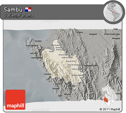 Shaded Relief 3D Map of Sambu, darken, semi-desaturated