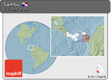 Savanna Style Location Map of Sambu, highlighted country, highlighted parent region, within the entire country, hill shading