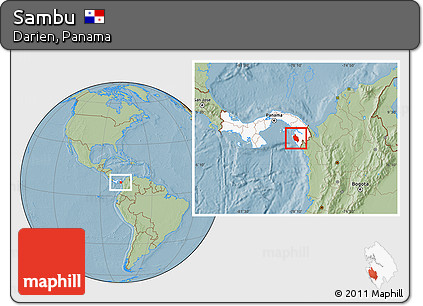 Savanna Style Location Map of Sambu, highlighted country, hill shading