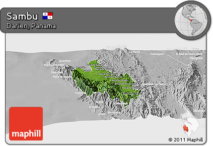 Satellite Panoramic Map of Sambu, lighten, desaturated