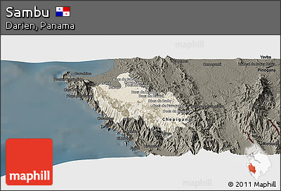 Shaded Relief Panoramic Map of Sambu, darken
