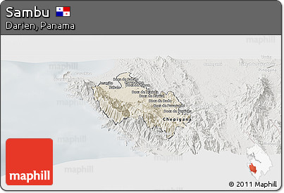 Shaded Relief Panoramic Map of Sambu, lighten, semi-desaturated