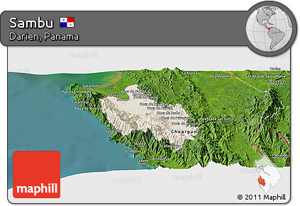 Shaded Relief Panoramic Map of Sambu, satellite outside