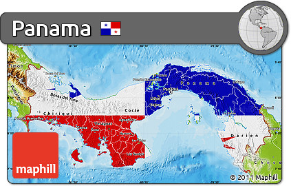 Flag Map of Panama, physical outside, bathymetry sea, flag rotated
