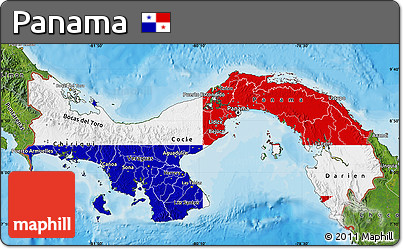 Flag Map of Panama, satellite outside, bathymetry sea, flag centered