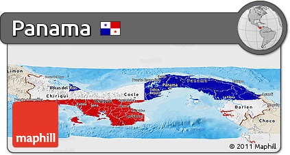 Flag Panoramic Map of Panama, shaded relief outside, bathymetry sea, flag rotated