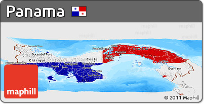 Flag Panoramic Map of Panama, single color outside, bathymetry sea, flag centered