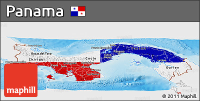 Flag Panoramic Map of Panama, single color outside, shaded relief sea, flag aligned to the middle