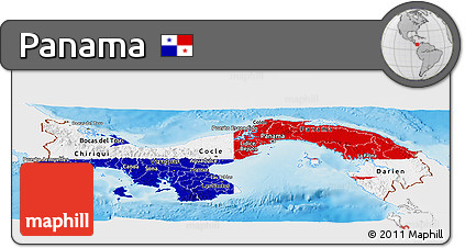 Flag Panoramic Map of Panama, single color outside, shaded relief sea