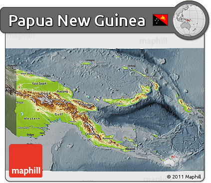 Physical 3D Map of Papua New Guinea, darken, semi-desaturated
