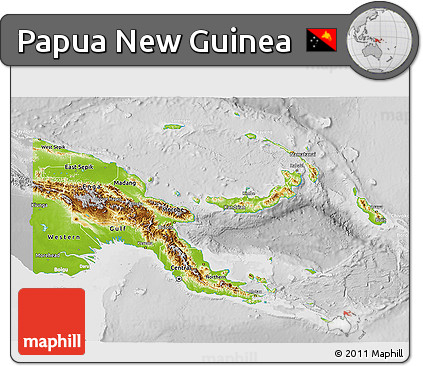 Physical 3D Map of Papua New Guinea, lighten, desaturated