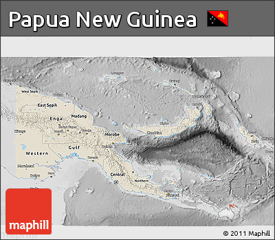 Shaded Relief 3D Map of Papua New Guinea, desaturated