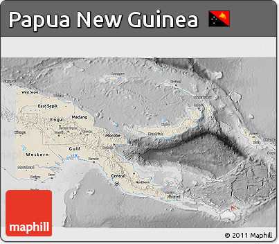 Shaded Relief 3D Map of Papua New Guinea, desaturated