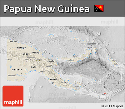 Shaded Relief 3D Map of Papua New Guinea, lighten, desaturated