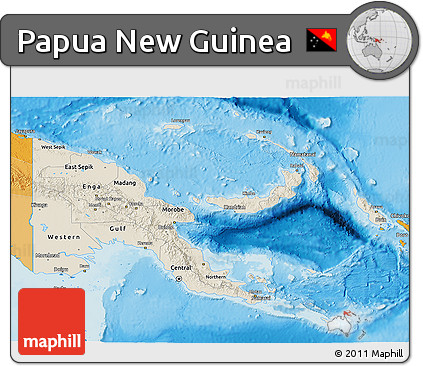 Shaded Relief 3D Map of Papua New Guinea, political outside, shaded relief sea