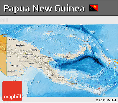 Shaded Relief 3D Map of Papua New Guinea, political outside, shaded relief sea