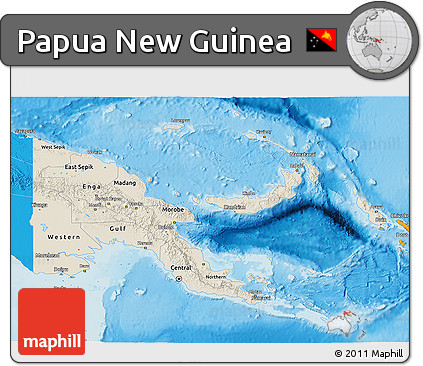 Shaded Relief 3D Map of Papua New Guinea, political shades outside, shaded relief sea