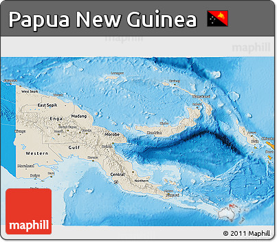 Shaded Relief 3D Map of Papua New Guinea, political shades outside, shaded relief sea