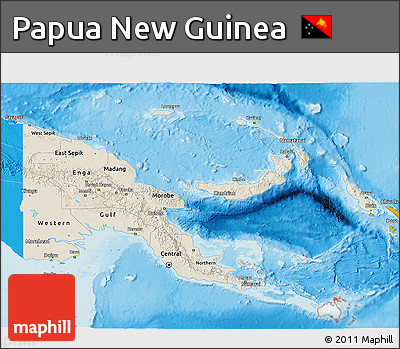 Shaded Relief 3D Map of Papua New Guinea, political shades outside, shaded relief sea