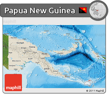Shaded Relief 3D Map of Papua New Guinea, satellite outside, shaded relief sea