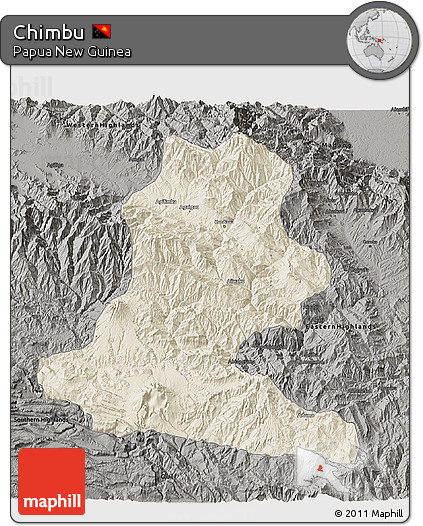 Shaded Relief 3D Map of Chimbu, darken, semi-desaturated