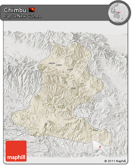 Shaded Relief 3D Map of Chimbu, lighten, semi-desaturated