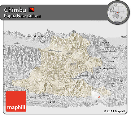 Shaded Relief Panoramic Map of Chimbu, desaturated