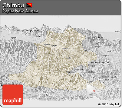 Shaded Relief Panoramic Map of Chimbu, desaturated