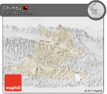 Shaded Relief Panoramic Map of Chimbu, lighten, desaturated