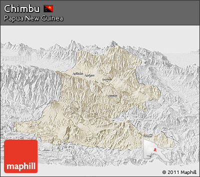 Shaded Relief Panoramic Map of Chimbu, lighten, desaturated