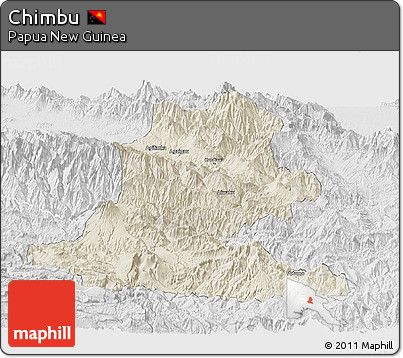 Shaded Relief Panoramic Map of Chimbu, lighten, desaturated