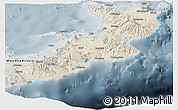 Shaded Relief Panoramic Map of East New Britain, semi-desaturated