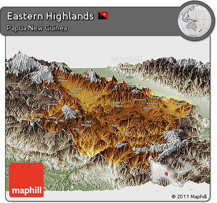 Physical Panoramic Map of Eastern Highlands, semi-desaturated