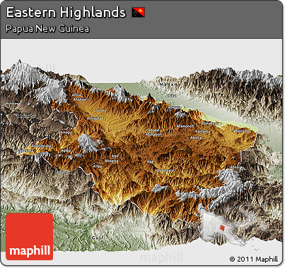 Physical Panoramic Map of Eastern Highlands, semi-desaturated