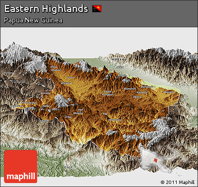 Physical Panoramic Map of Eastern Highlands, semi-desaturated