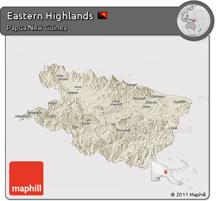 Shaded Relief Panoramic Map of Eastern Highlands, single color outside