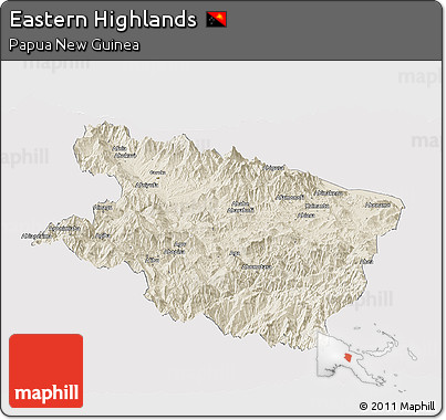 Shaded Relief Panoramic Map of Eastern Highlands, single color outside