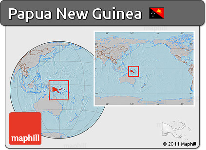 Gray Location Map of Papua New Guinea, within the entire continent, hill shading
