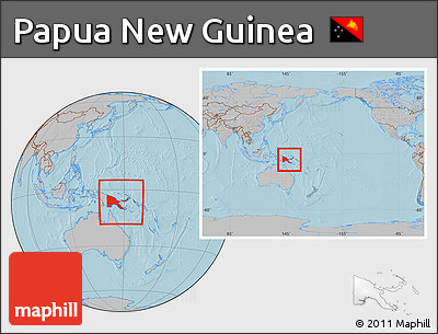 Gray Location Map of Papua New Guinea, within the entire continent, hill shading