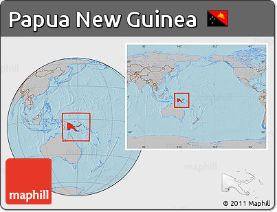 Gray Location Map of Papua New Guinea, within the entire continent, hill shading